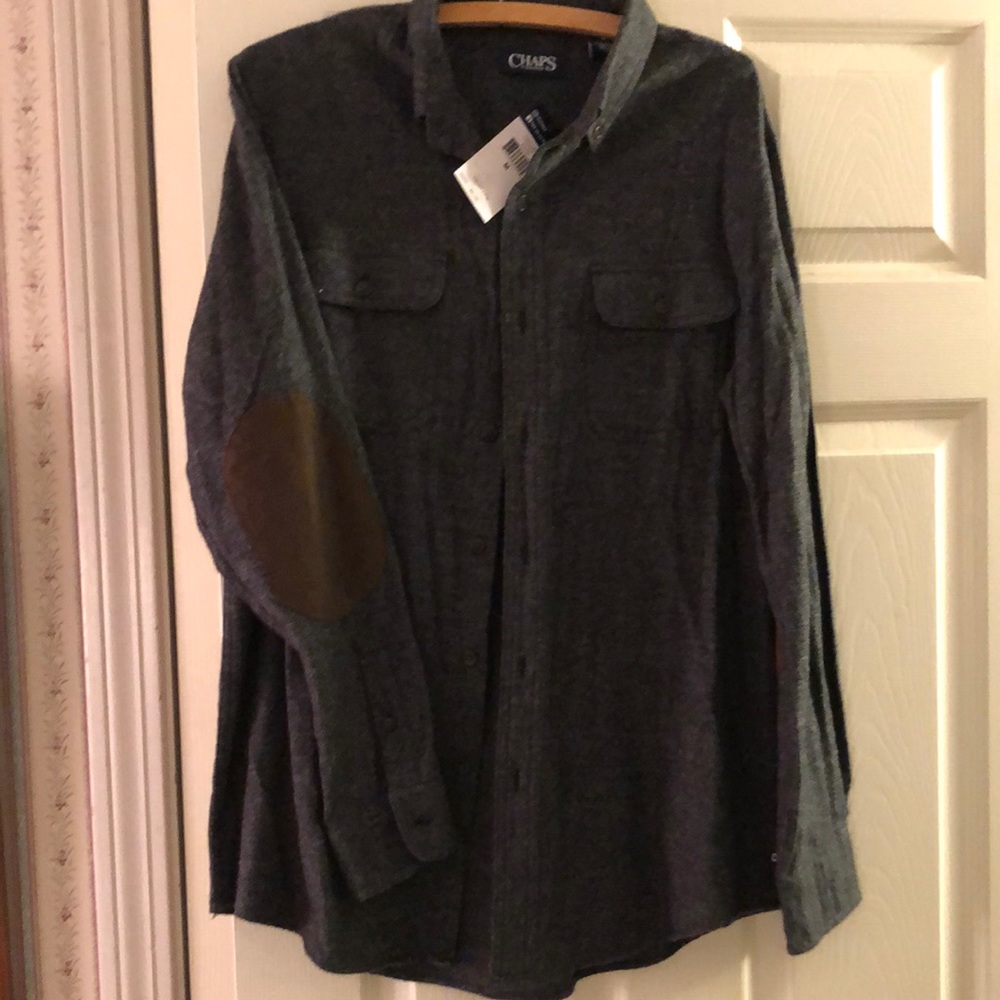 Chaps charcoal gray cotton long sleeve shirt with brown patches on elbows size M